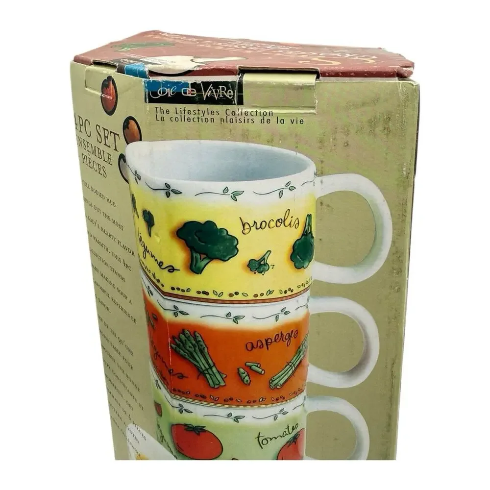 4pc‎ Stackable Soup Mugs Set MSC Vegetable Ceramic Jocha Tea Coffee 14oz NOS VTG